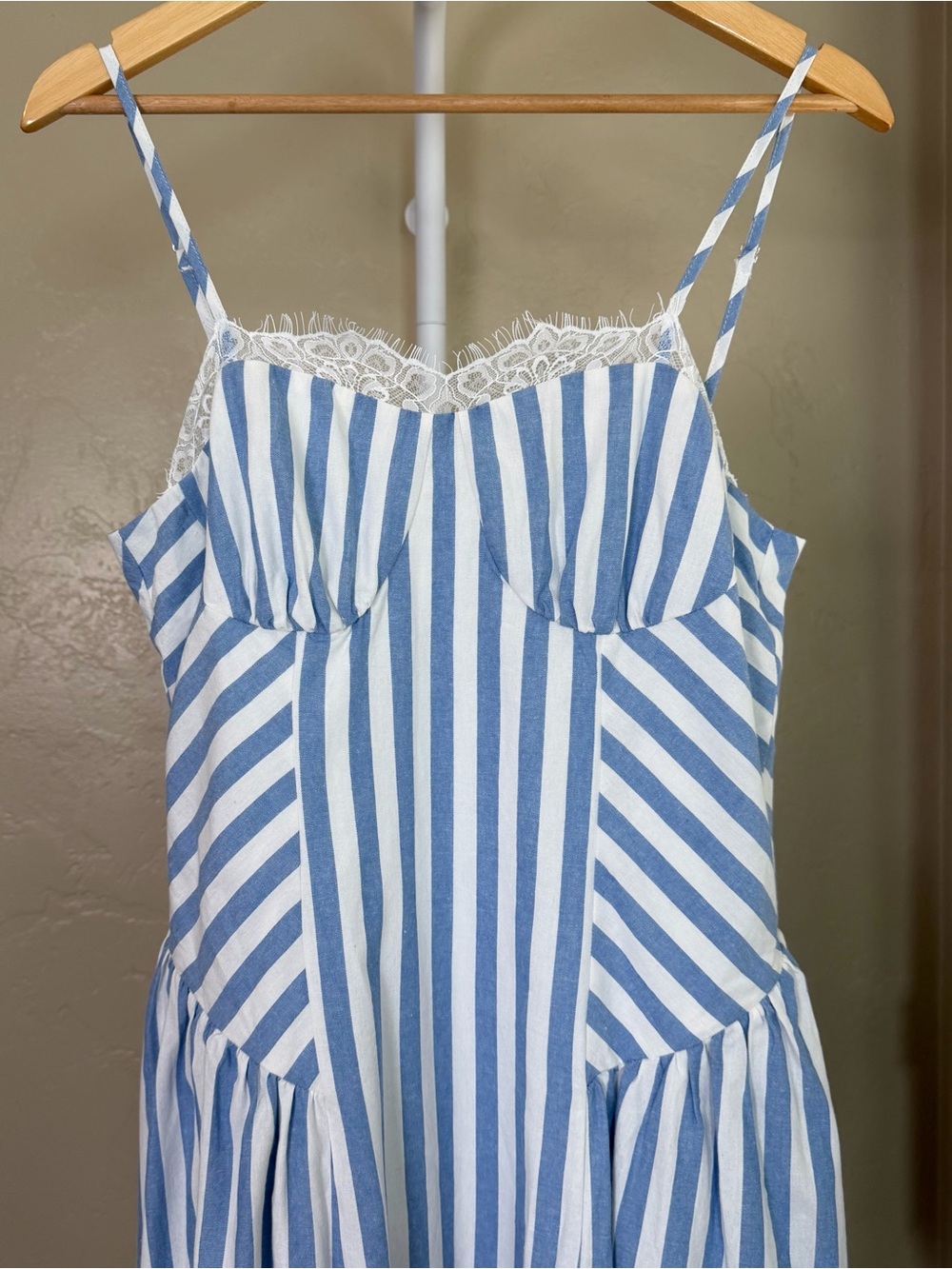 Commense Light Blue White Striped Cotton Lace Cami Maxi Dress Large NWT - Picture 6 of 10
